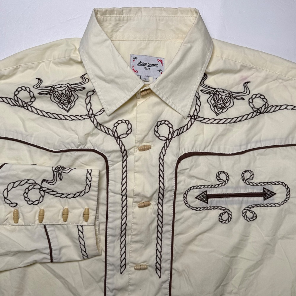Ace of Diamond Western Shirt Mens XL Cream Embroidered Longhorn Cowboy Rodeo